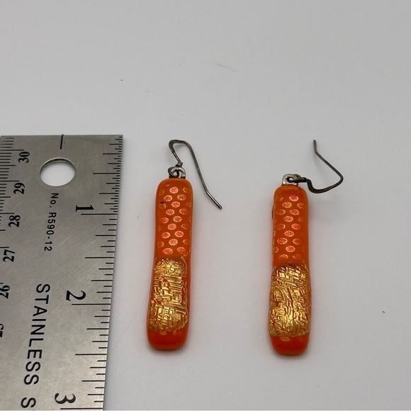 Sterling Silver 925 Hook Orange Resin Dangle Earrings with Gold Tone Flakes - Picture 8 of 8